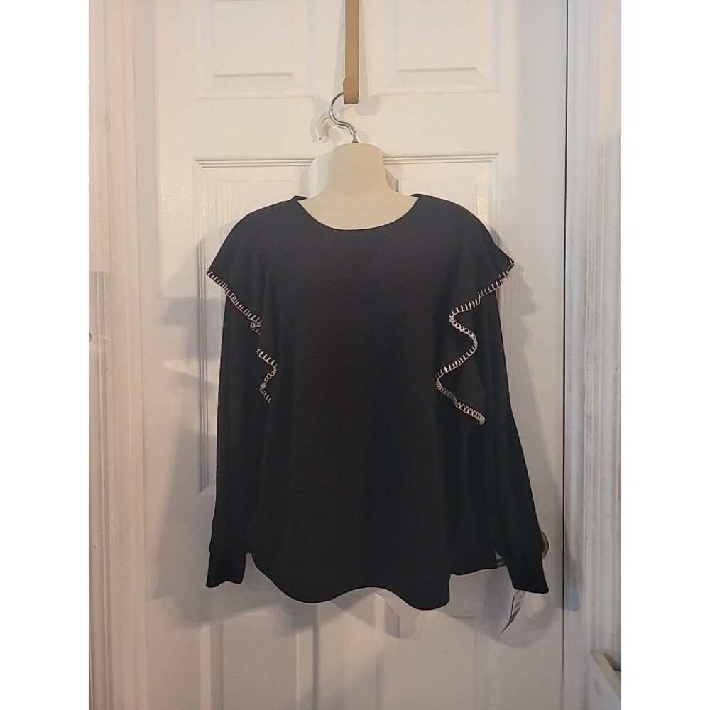 Democracy Women's Sweater Top Pullover With Ruffles  Black Plus Size 1X